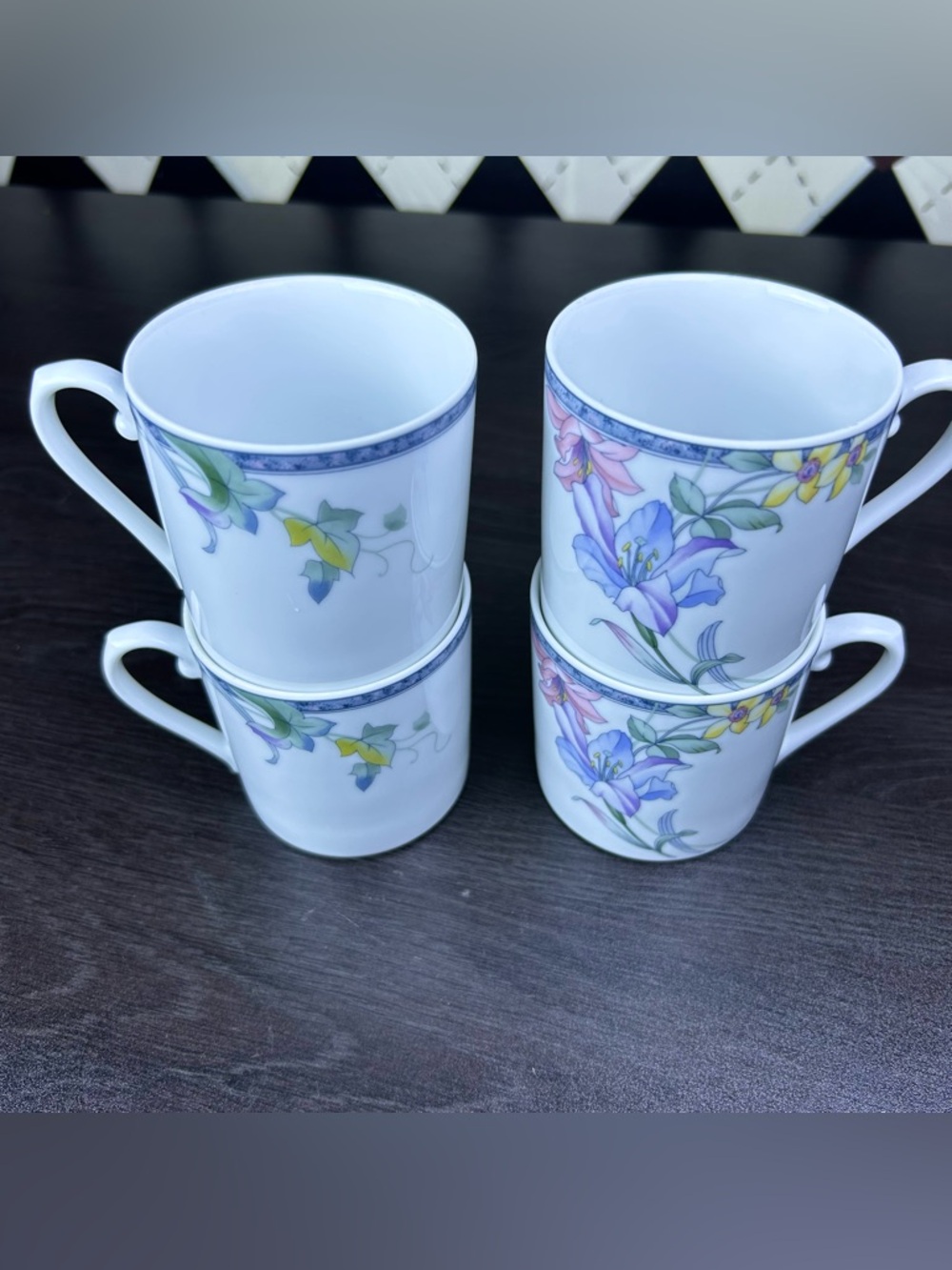 Floral Porcelain Coffee Mugs - White with Purple & Yellow Flowers (Set of 4) - Picture 4 of 7
